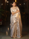 Banarasee Handwoven Tissue Saree With Silver Zari Jaal Design & Lace-Silver