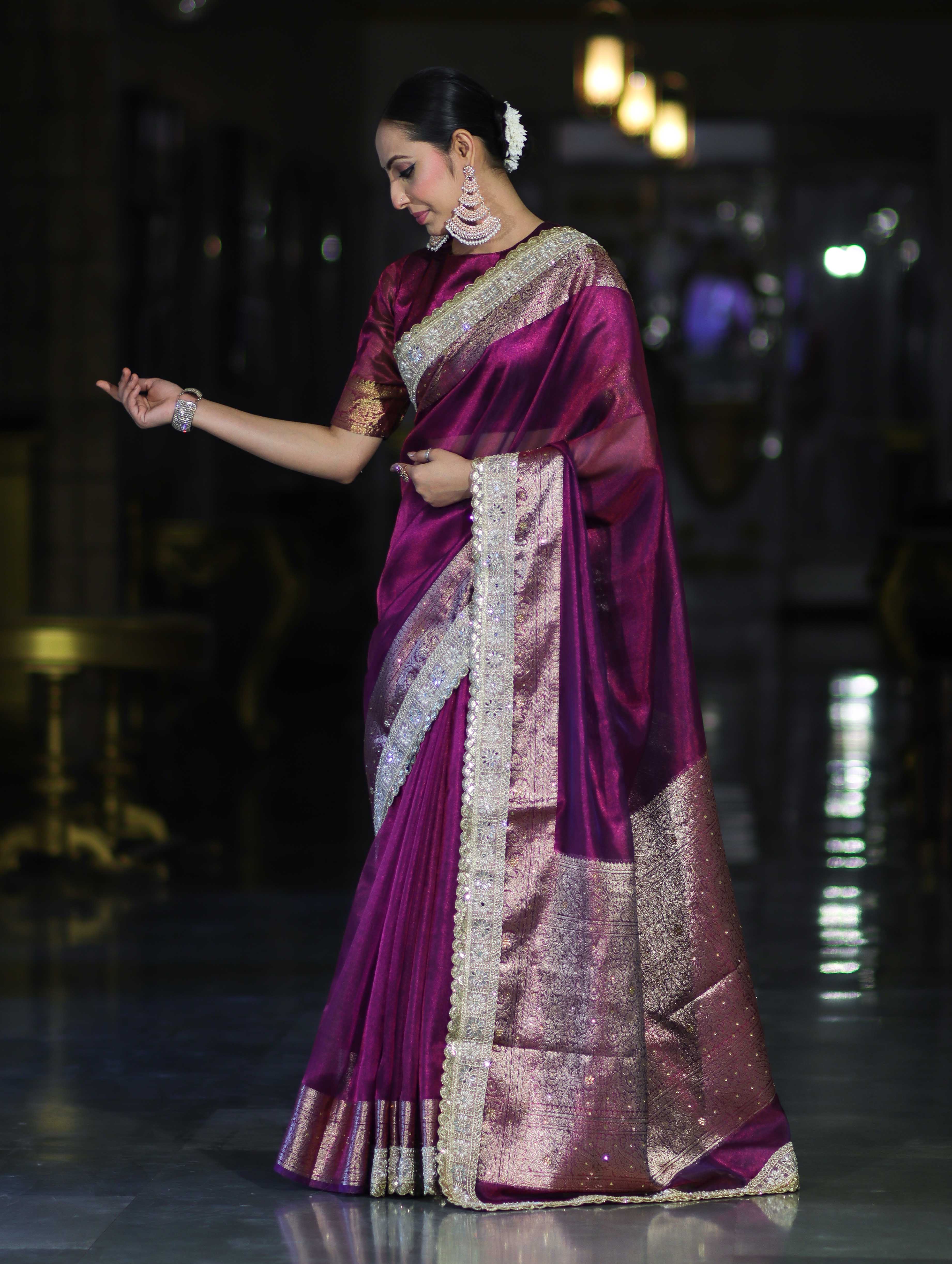 Banarasee Plain Tissue Saree With Swarovski Work Pallu & Zari Lace Border-Purple