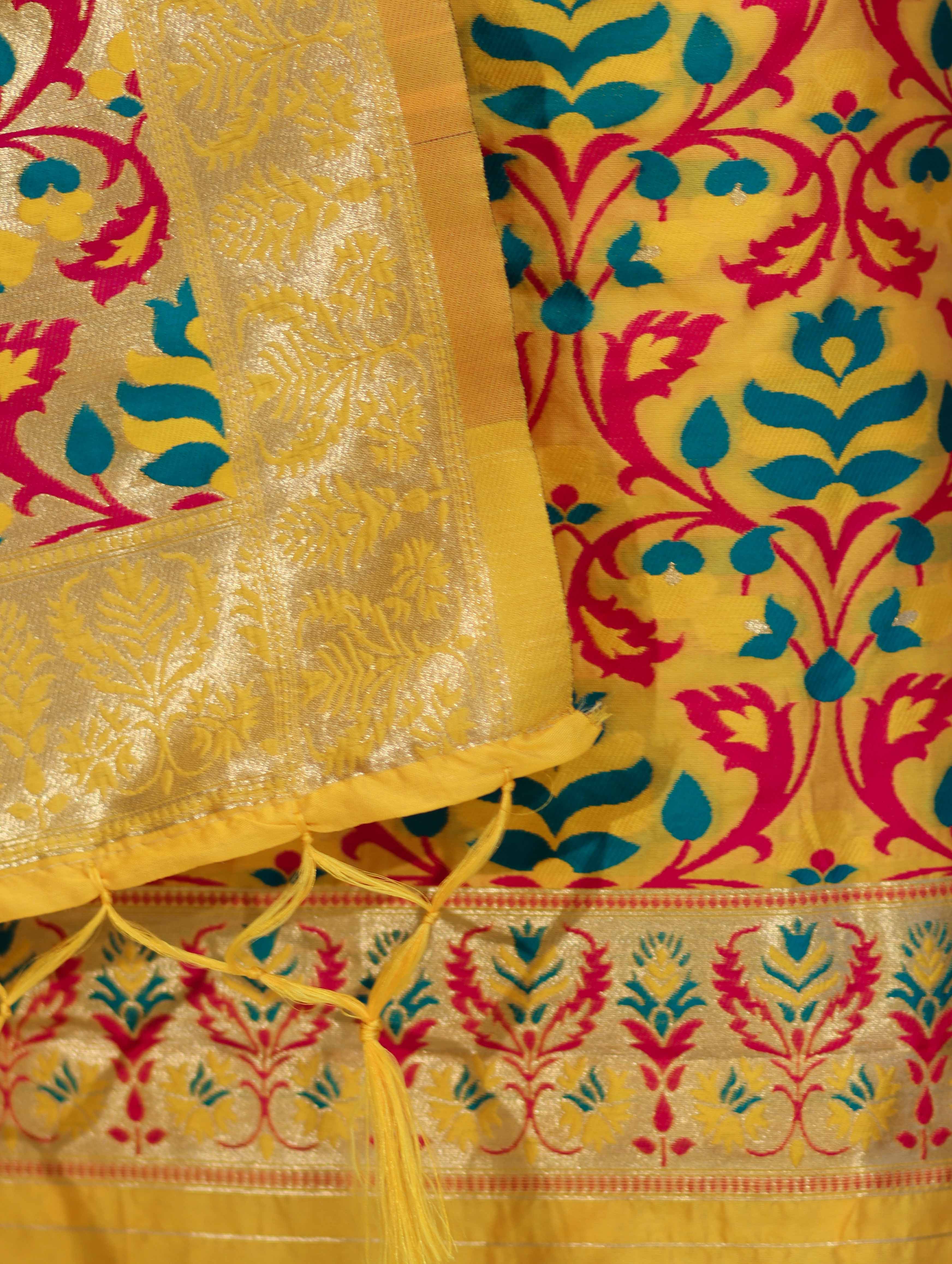 Banarasee Semi-Silk Zari & Resham Work Salwar Kameez Fabric With Dupatta Set-Yellow