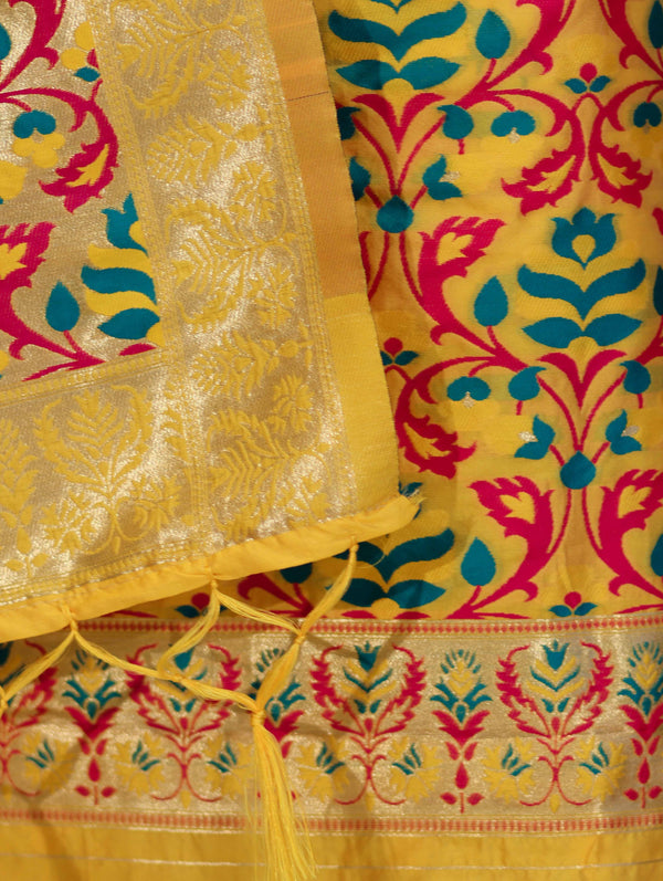 Banarasee Semi-Silk Zari & Resham Work Salwar Kameez Fabric With Dupatta Set-Yellow