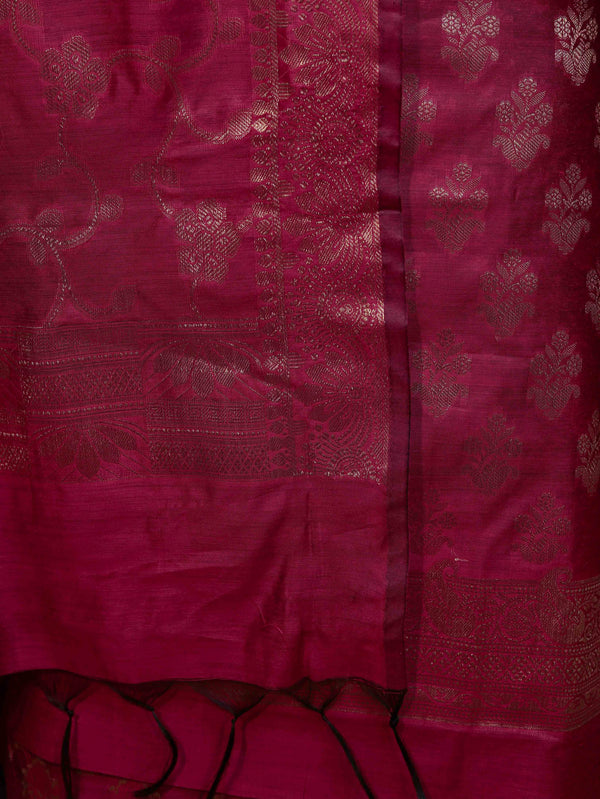 Banarasee Cotton Silk Zari Buta Work Salwar Kameez Fabric With Dupatta Set-Magenta