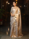 Banarasee Handwoven Tissue Saree With Silver Zari Jaal Design & Lace-Silver