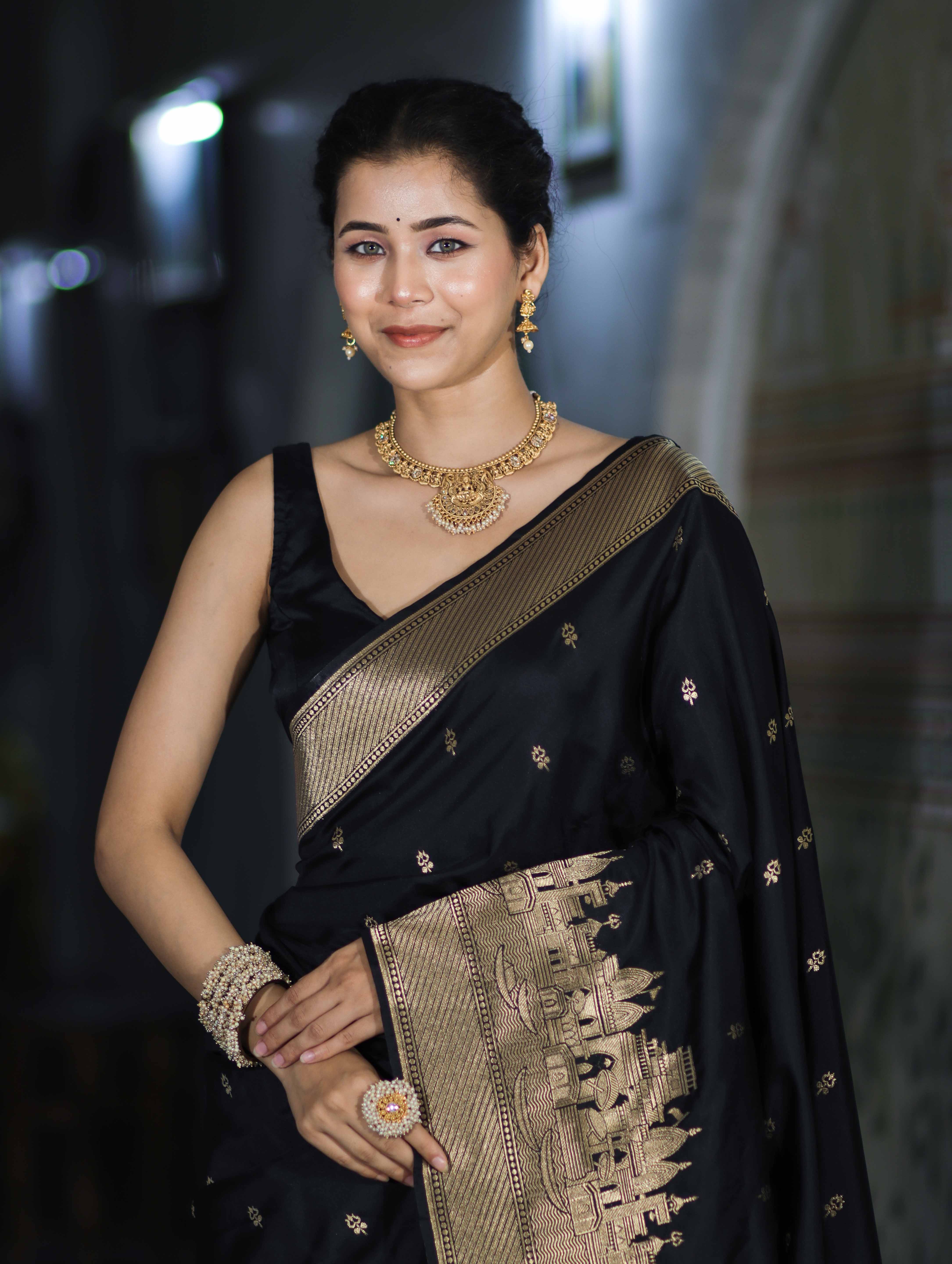 Banarasee Handloom Semi Katan Saree With Trishul Design & Ganga Ghat Zari Border-Black