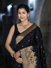 Banarasee Handloom Semi Katan Saree With Trishul Design & Ganga Ghat Zari Border-Black