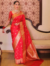 Banarasee Handwoven Semi-Katan Tanchoi Weaving Floral Border Saree-Red
