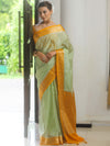 Banarasee Handloom Mirror Work Dupion Saree With Contrast Border-Light Green & Yellow