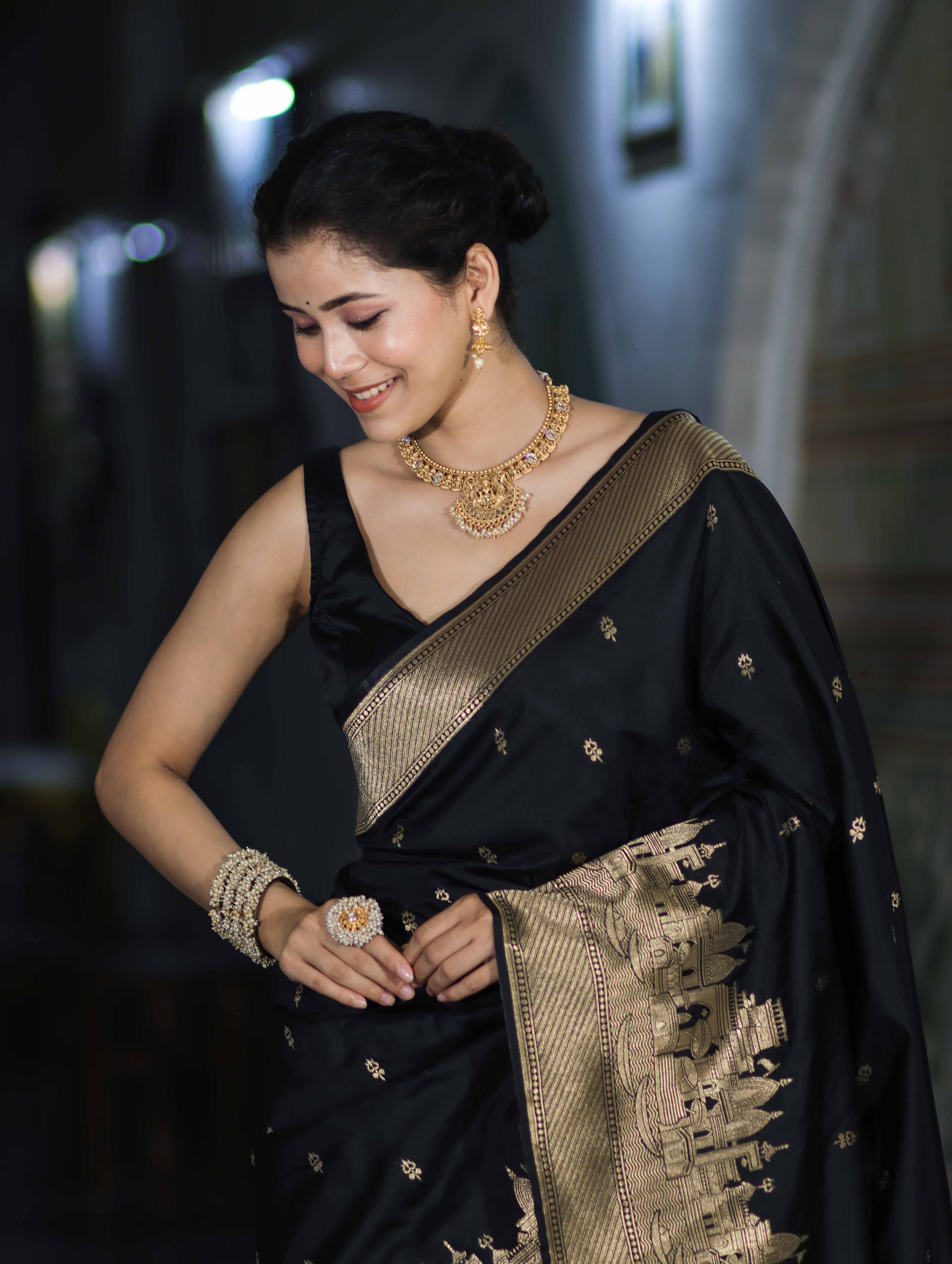 Banarasee Handloom Semi Katan Saree With Trishul Design & Ganga Ghat Zari Border-Black