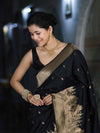 Banarasee Handloom Semi Katan Saree With Trishul Design & Ganga Ghat Zari Border-Black