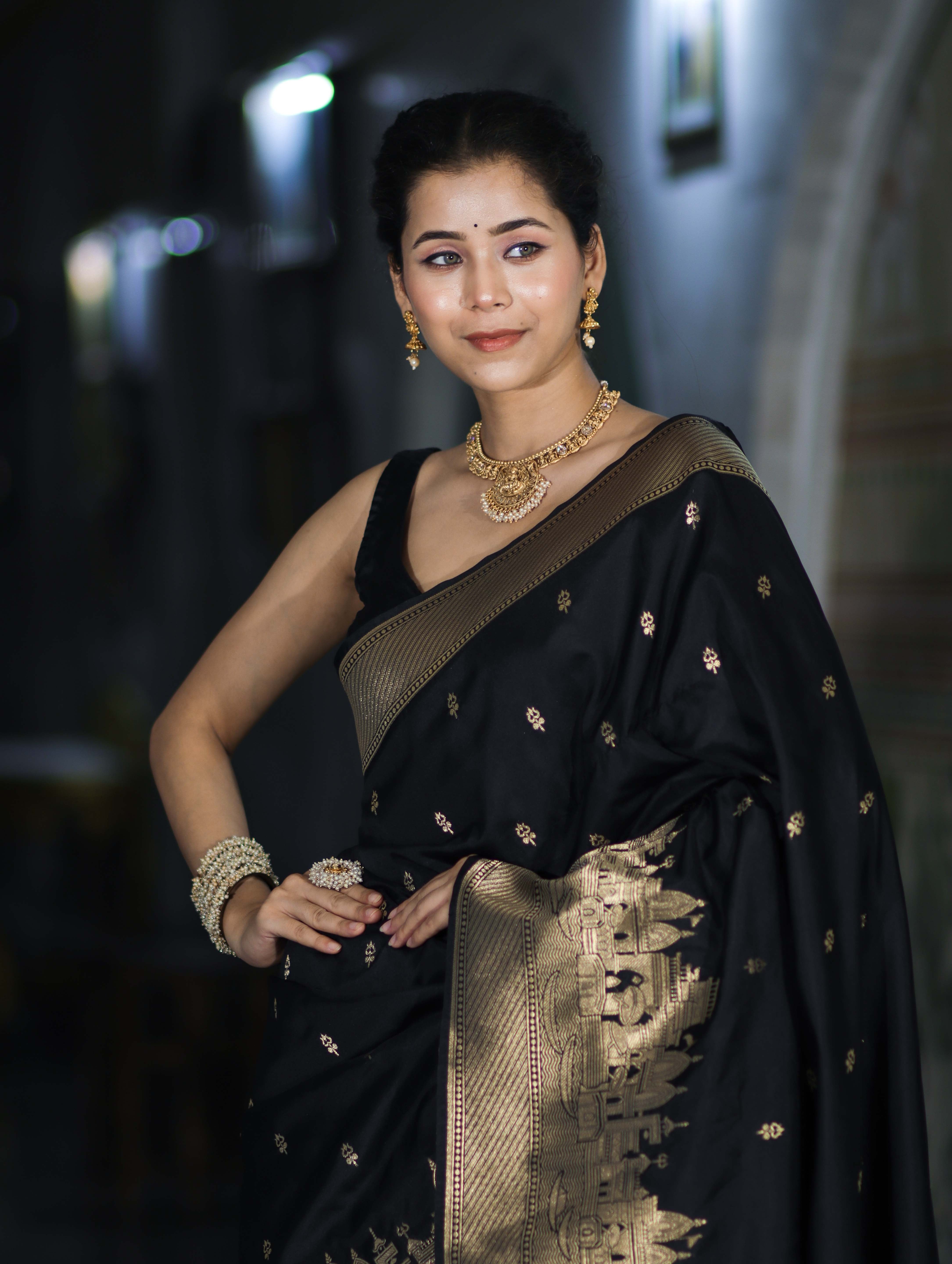 Banarasee Handloom Semi Katan Saree With Trishul Design & Ganga Ghat Zari Border-Black