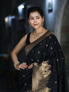 Banarasee Handloom Semi Katan Saree With Trishul Design & Ganga Ghat Zari Border-Black
