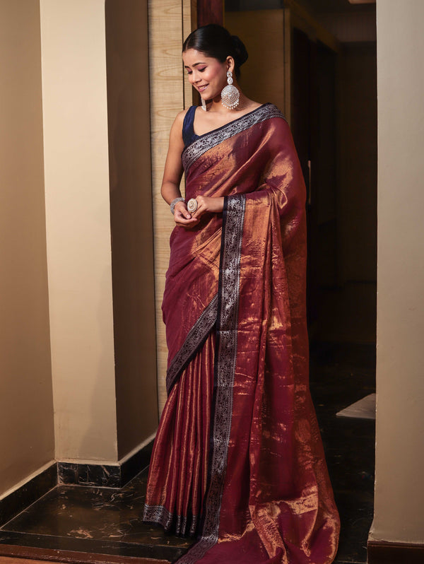 Banarasee Dual Shaded Linen Tissue Saree With Floral Border-Gold