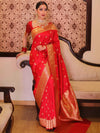 Banarasee Handwoven Semi-Katan Tanchoi Weaving Floral Border Saree-Red