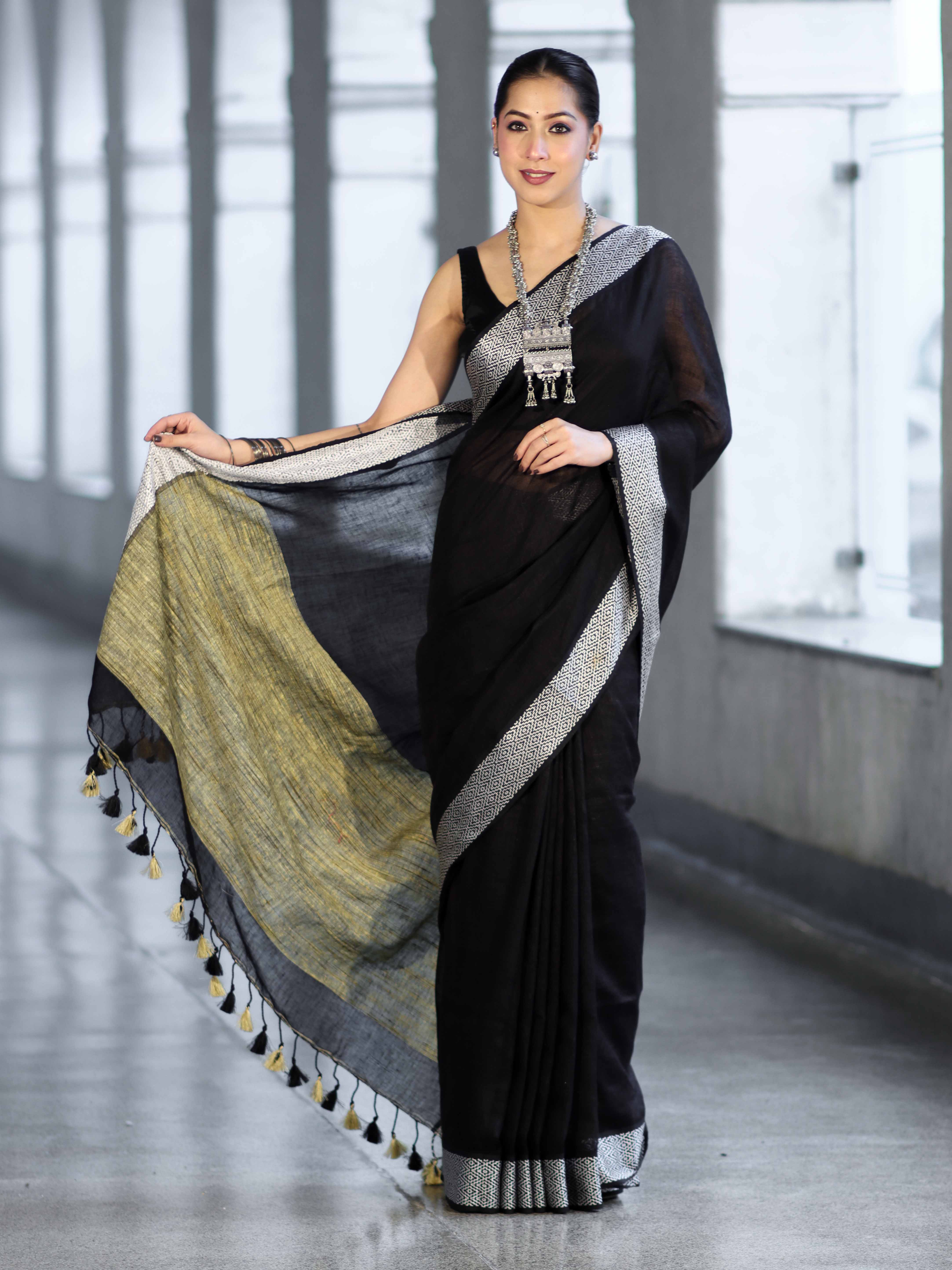 Bhagalpur Handloom Pure Linen Cotton Saree With Resham Embroidered Border-Black