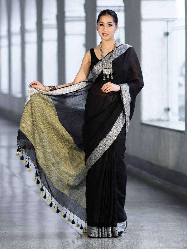 Bhagalpur Handloom Pure Linen Cotton Saree With Resham Embroidered Border-Black