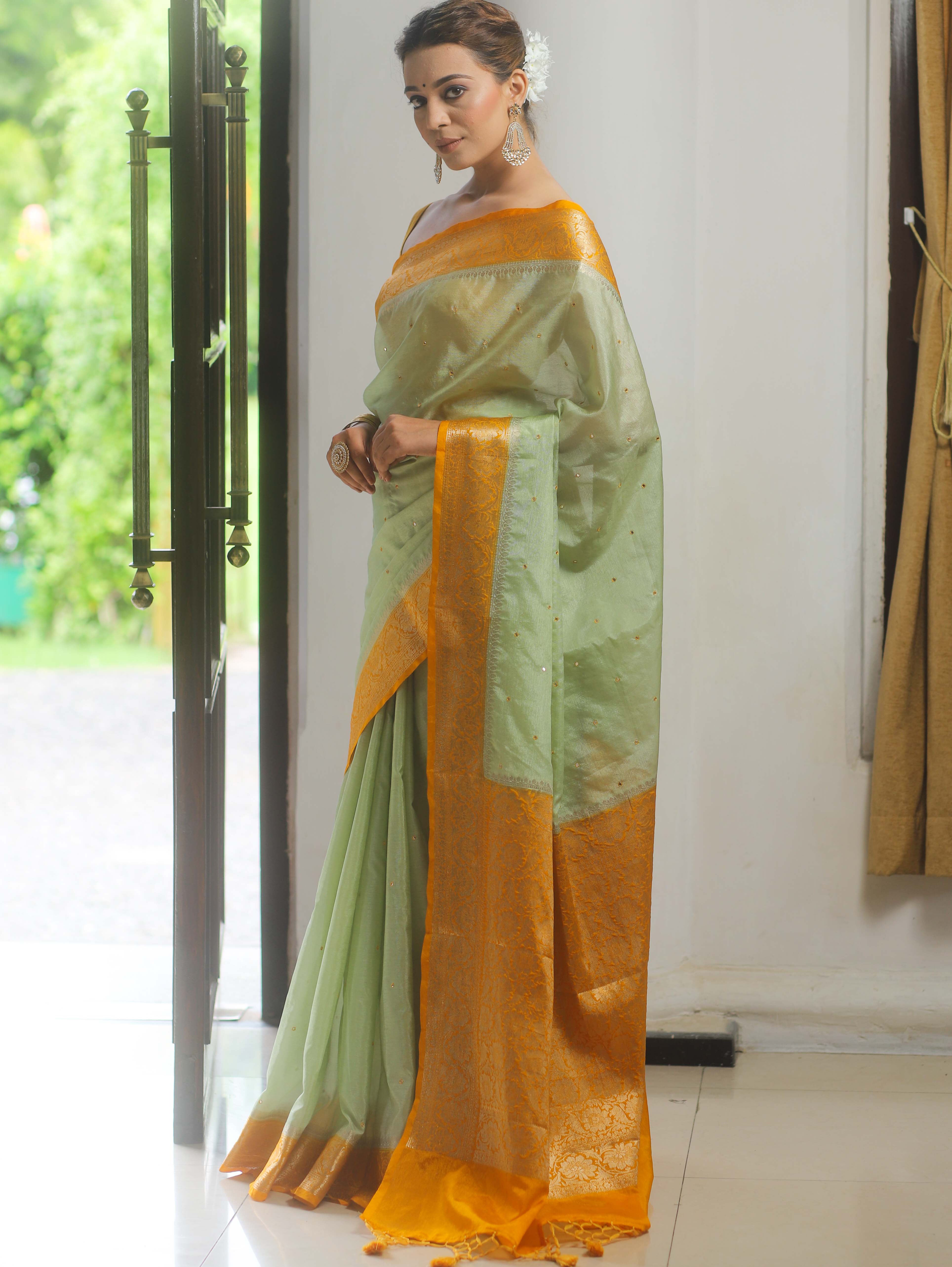 Banarasee Handloom Mirror Work Dupion Saree With Contrast Border-Light Green & Yellow