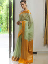 Banarasee Handloom Mirror Work Dupion Saree With Contrast Border-Light Green & Yellow