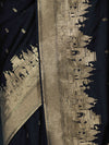 Banarasee Handloom Semi Katan Saree With Trishul Design & Ganga Ghat Zari Border-Black