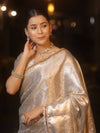 Banarasee Handwoven Tissue Saree With Silver Zari Jaal Design & Lace-Silver