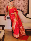 Banarasee Handwoven Semi-Katan Tanchoi Weaving Floral Border Saree-Red