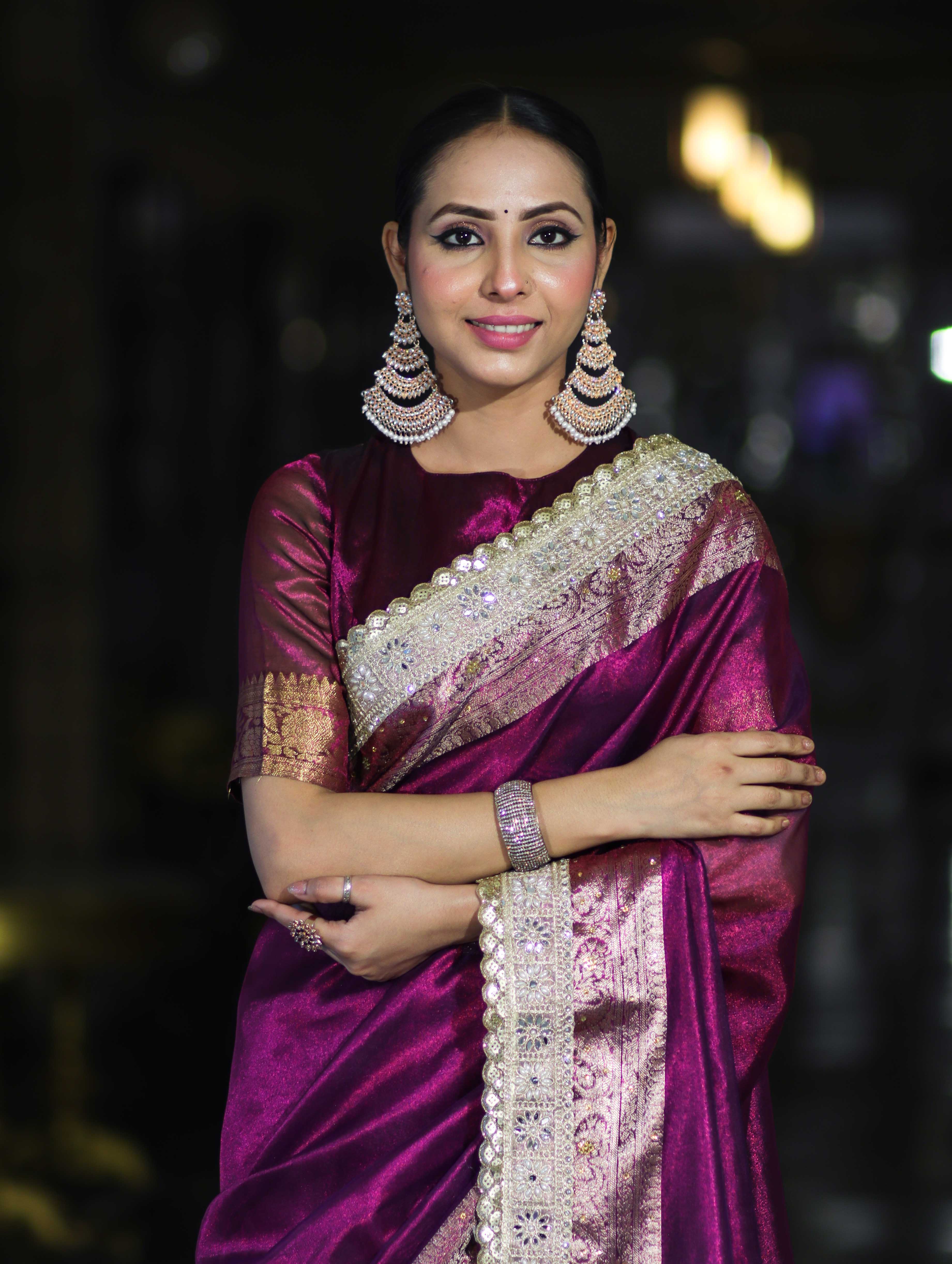 Banarasee Plain Tissue Saree With Swarovski Work Pallu & Zari Lace Border-Purple