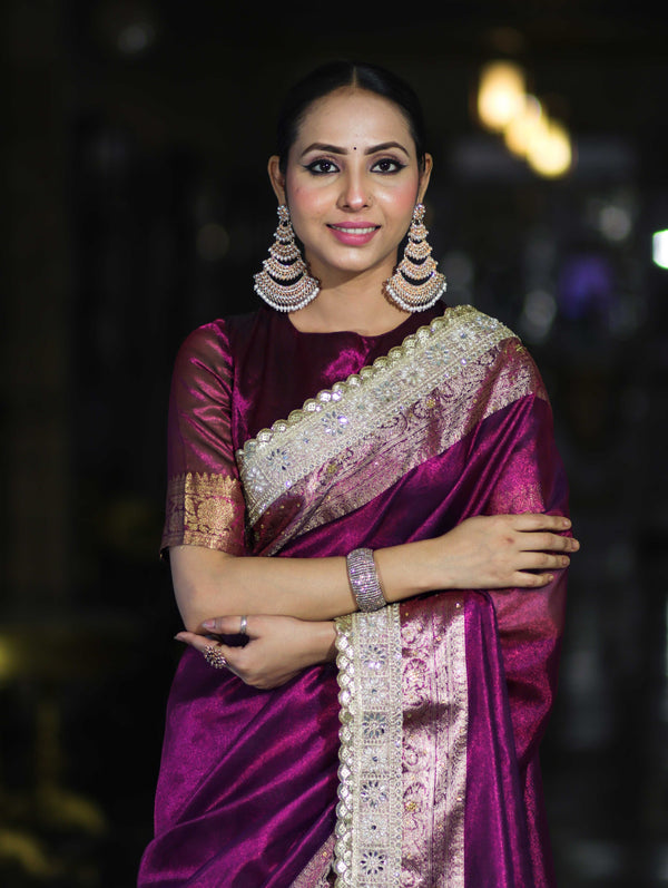 Banarasee Plain Tissue Saree With Swarovski Work Pallu & Zari Lace Border-Purple