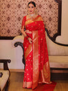 Banarasee Handwoven Semi-Katan Tanchoi Weaving Floral Border Saree-Red