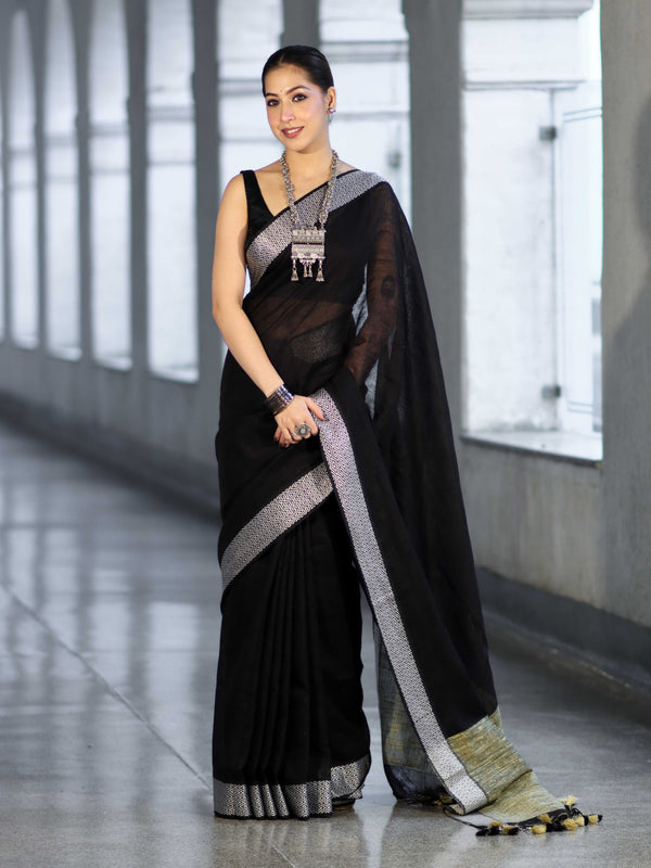 Bhagalpur Handloom Pure Linen Cotton Saree With Resham Embroidered Border-Black