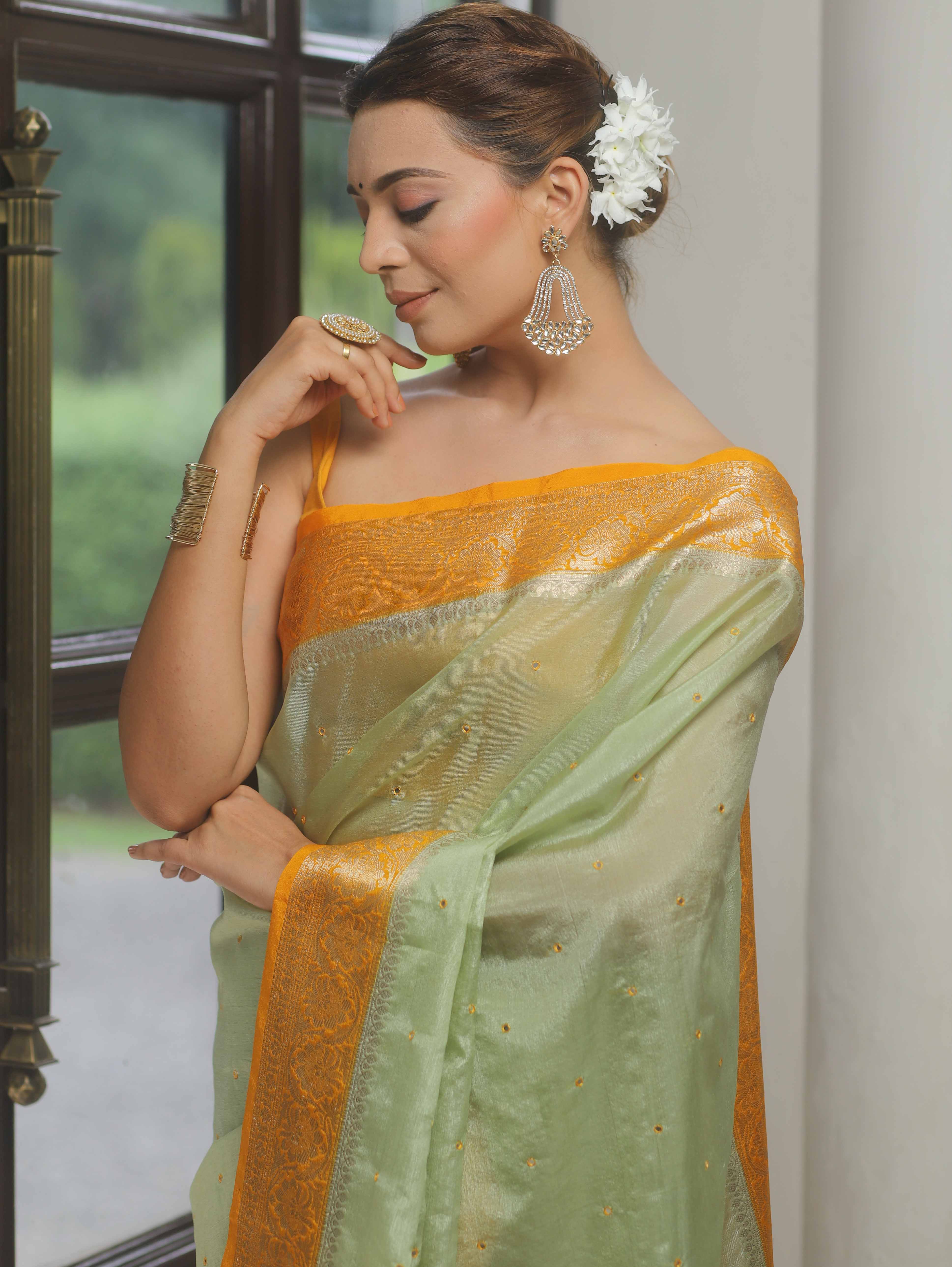 Banarasee Handloom Mirror Work Dupion Saree With Contrast Border-Light Green & Yellow