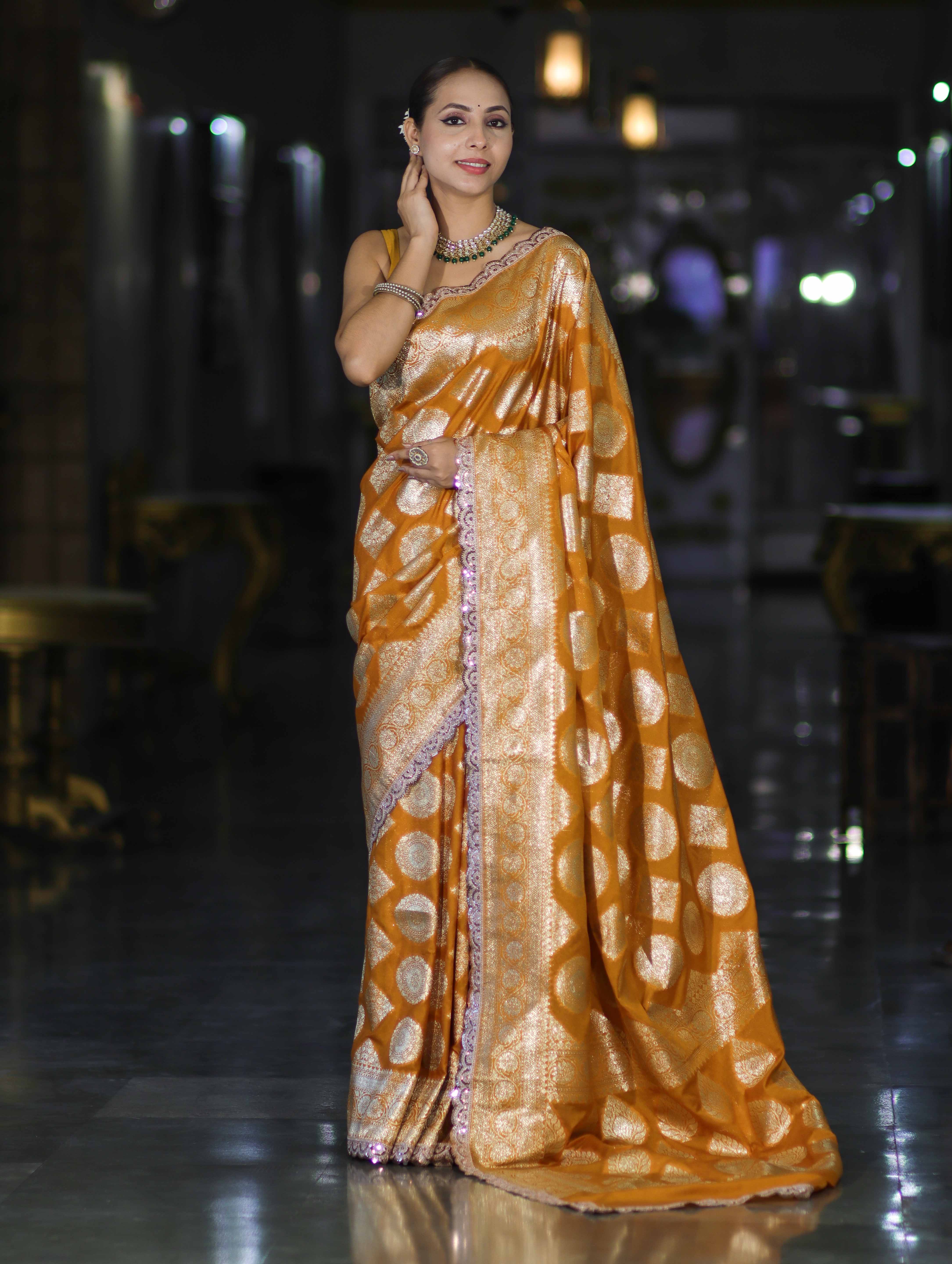 Banarasee Handloom Semi Silk Saree With Buta Design Zari Border & Lace-Mustard Yellow