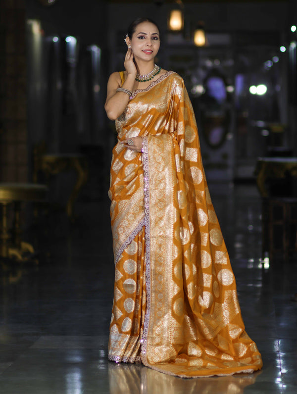Banarasee Handloom Semi Silk Saree With Buta Design Zari Border & Lace-Mustard Yellow