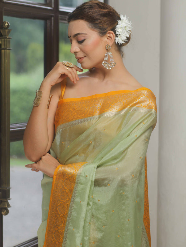 Banarasee Handloom Mirror Work Dupion Saree With Contrast Border-Light Green & Yellow