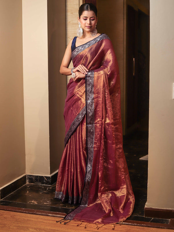 Banarasee Dual Shaded Linen Tissue Saree With Floral Border-Gold