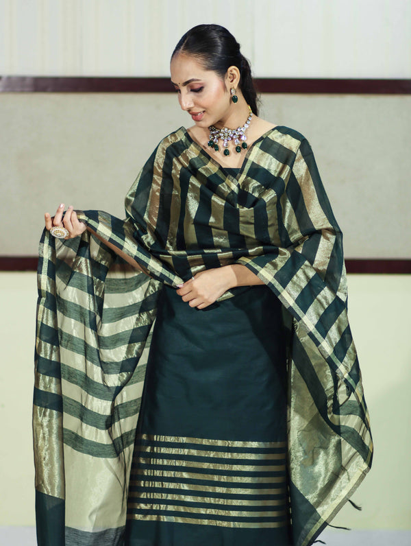 Banarasee Cotton Silk Stripe Pattern Salwar Kameez Fabric With Dupatta Set-Deep Green