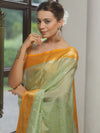Banarasee Handloom Mirror Work Dupion Saree With Contrast Border-Light Green & Yellow