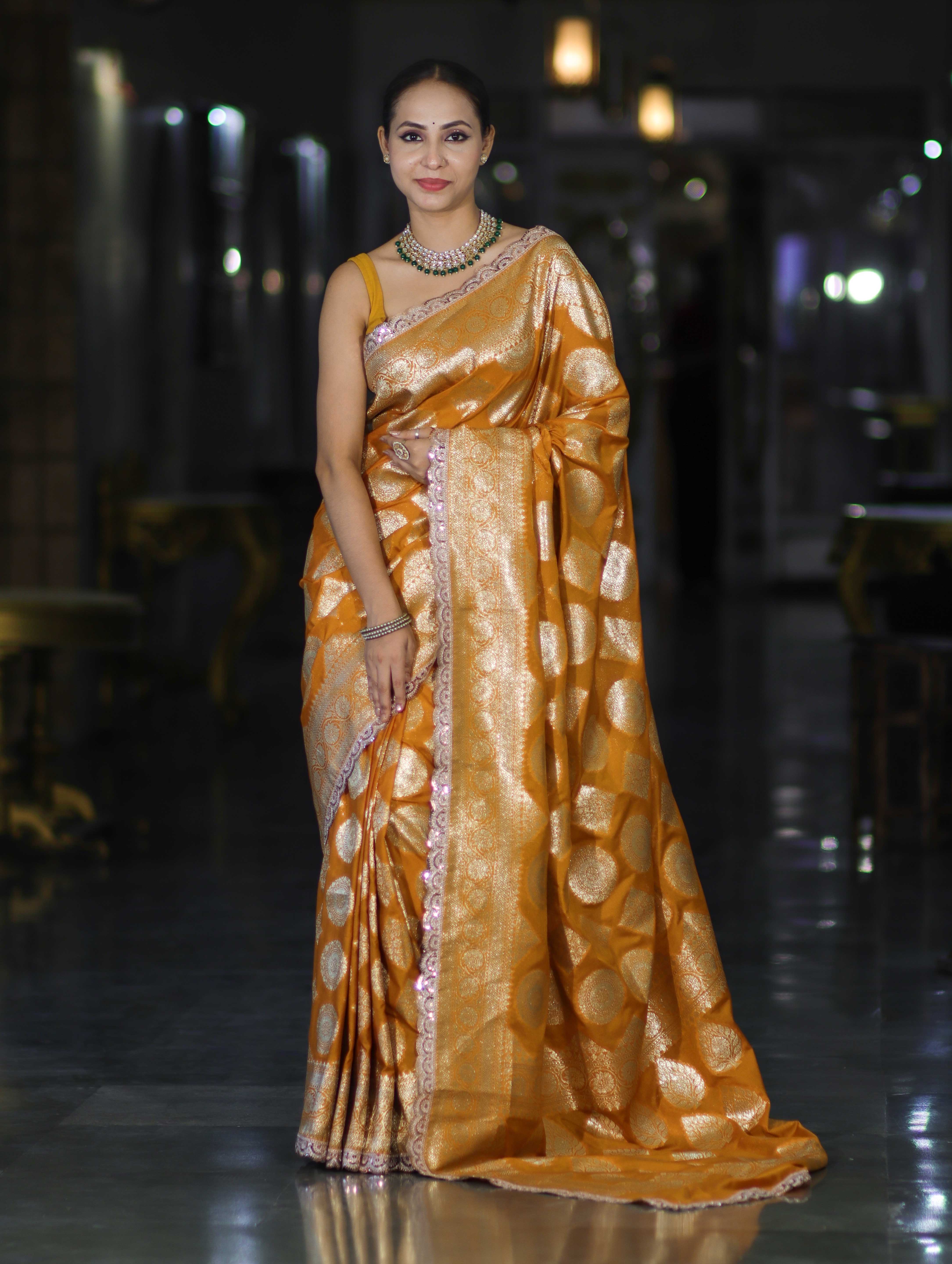 Banarasee Handloom Semi Silk Saree With Buta Design Zari Border & Lace-Mustard Yellow