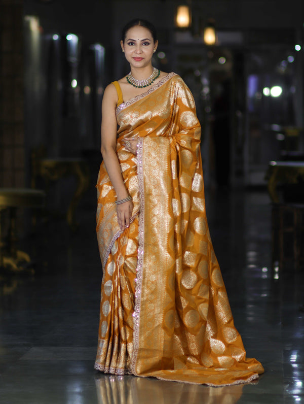 Banarasee Handloom Semi Silk Saree With Buta Design Zari Border & Lace-Mustard Yellow
