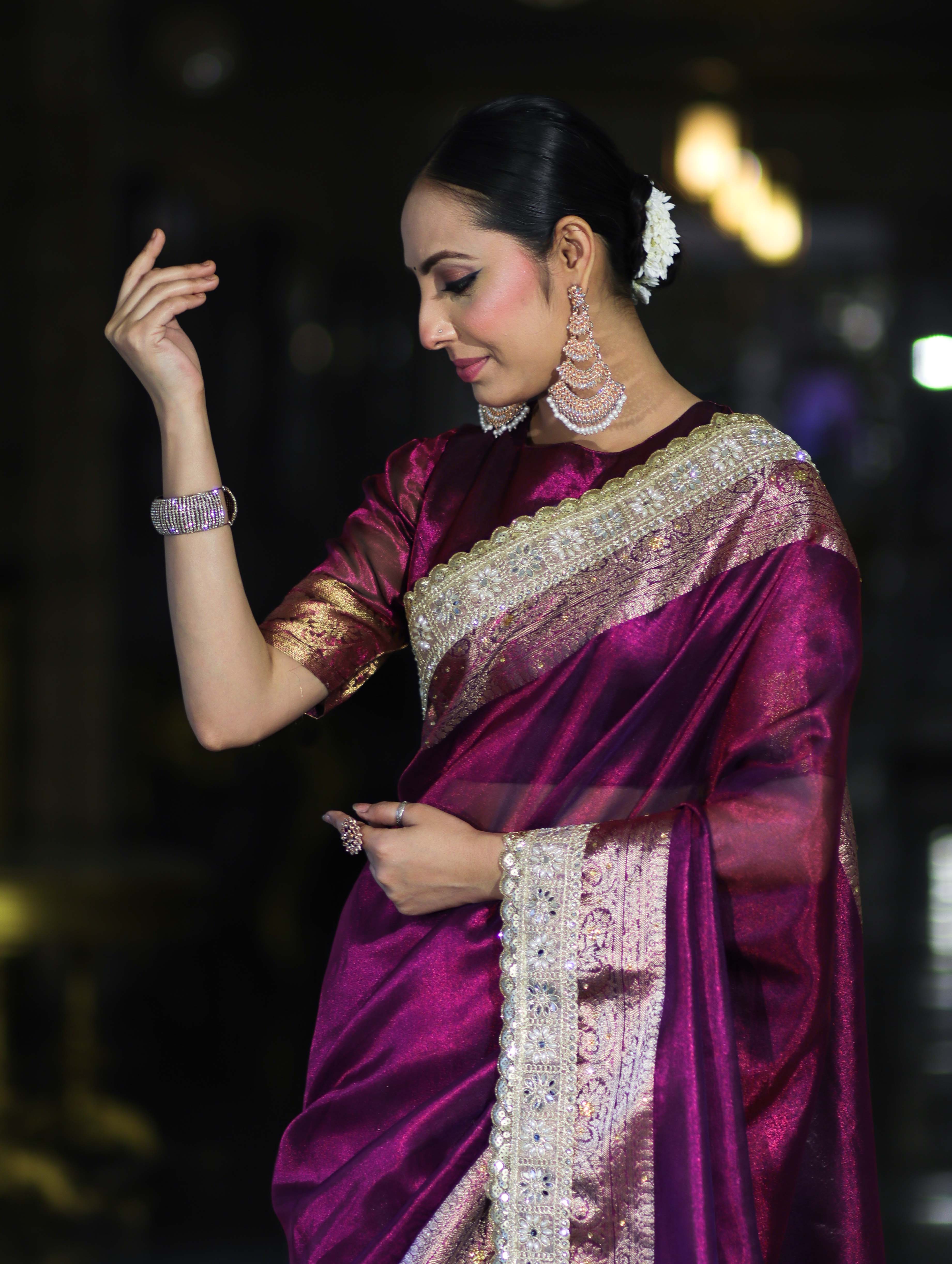 Banarasee Plain Tissue Saree With Swarovski Work Pallu & Zari Lace Border-Purple