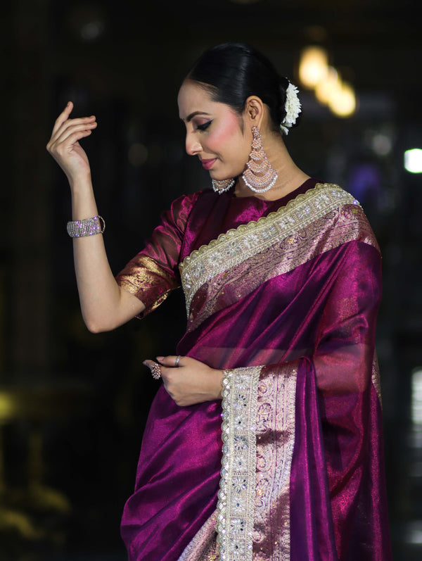 Banarasee Plain Tissue Saree With Swarovski Work Pallu & Zari Lace Border-Purple