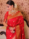 Banarasee Handwoven Semi-Katan Tanchoi Weaving Floral Border Saree-Red