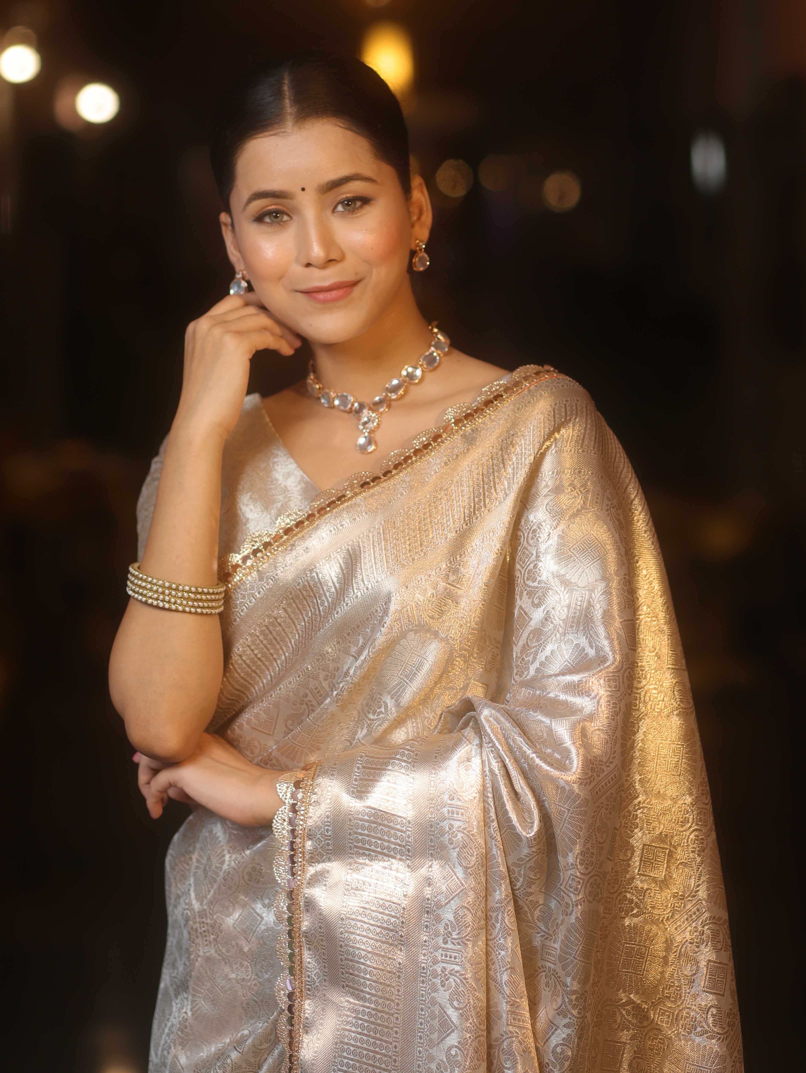 Banarasee Handwoven Tissue Saree With Silver Zari Jaal Design & Lace-Silver