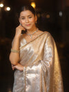 Banarasee Handwoven Tissue Saree With Silver Zari Jaal Design & Lace-Silver