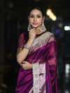Banarasee Plain Tissue Saree With Swarovski Work Pallu & Zari Lace Border-Purple