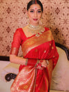 Banarasee Handwoven Semi-Katan Tanchoi Weaving Floral Border Saree-Red