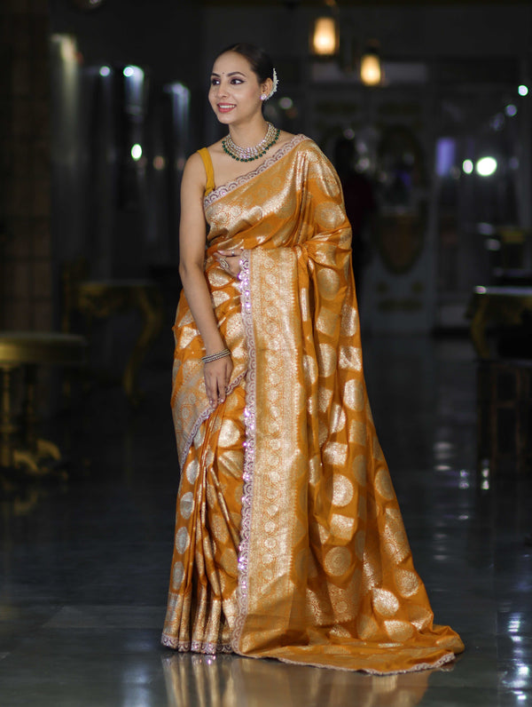 Banarasee Handloom Semi Silk Saree With Buta Design Zari Border & Lace-Mustard Yellow