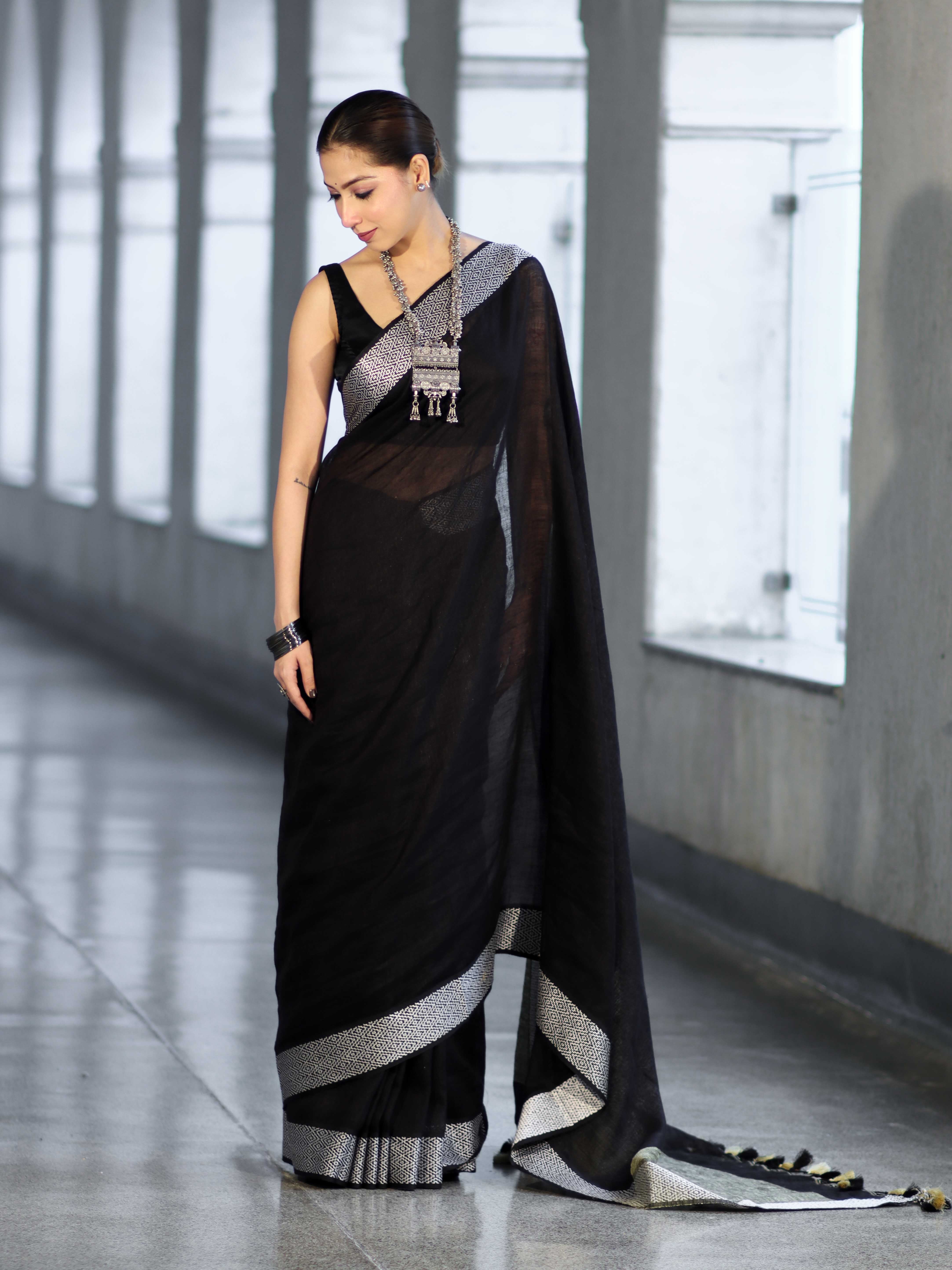 Bhagalpur Handloom Pure Linen Cotton Saree With Resham Embroidered Border-Black