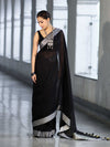 Bhagalpur Handloom Pure Linen Cotton Saree With Resham Embroidered Border-Black