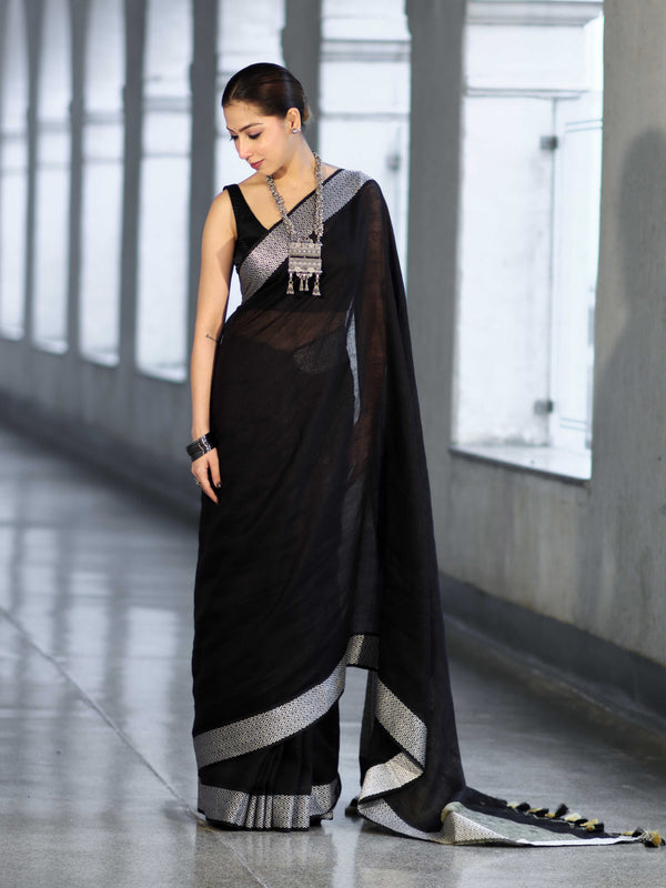 Bhagalpur Handloom Pure Linen Cotton Saree With Resham Embroidered Border-Black