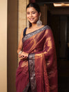Banarasee Dual Shaded Linen Tissue Saree With Floral Border-Gold