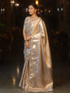 Banarasee Handwoven Tissue Saree With Silver Zari Jaal Design & Lace-Silver