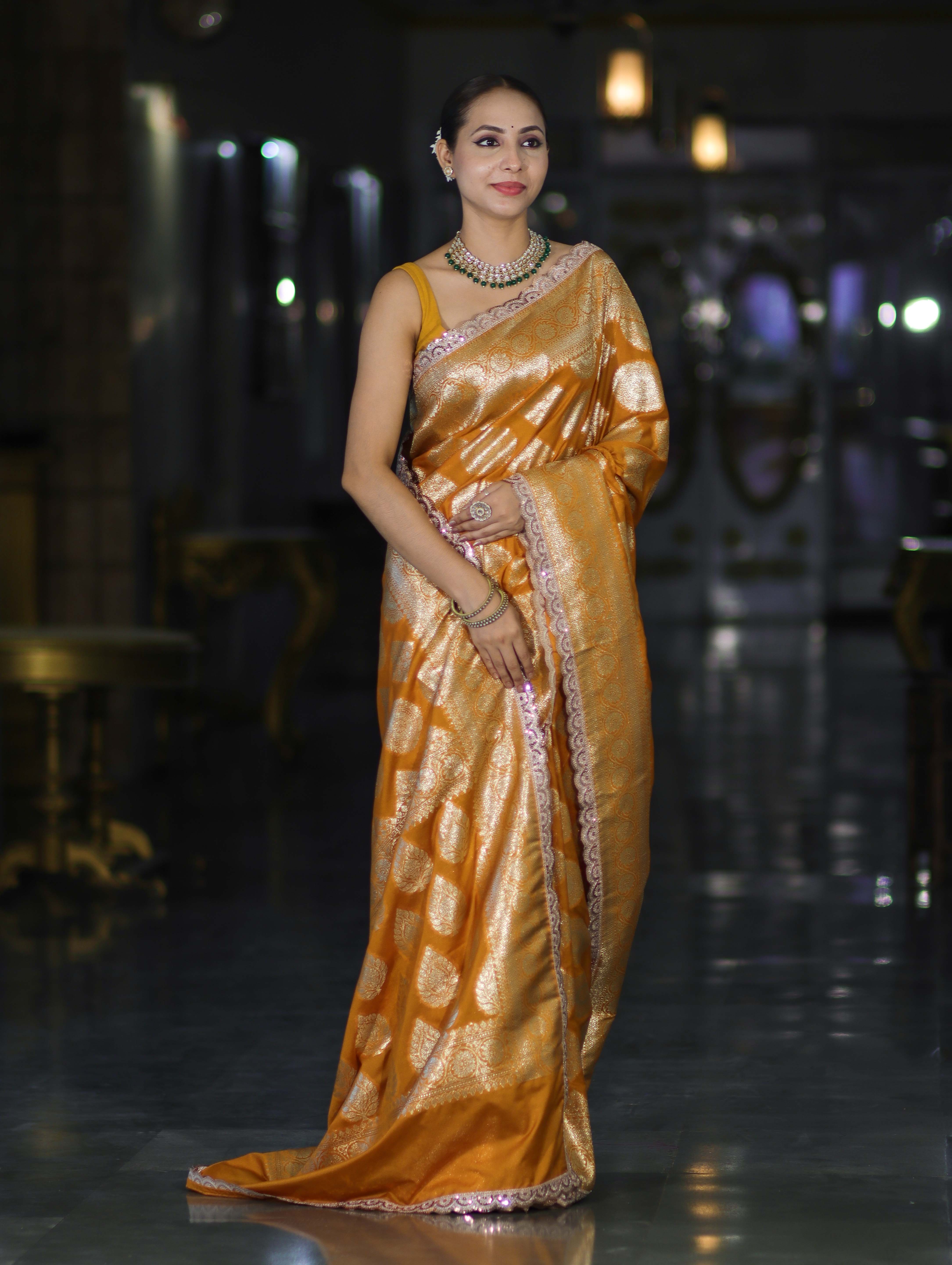 Banarasee Handloom Semi Silk Saree With Buta Design Zari Border & Lace-Mustard Yellow